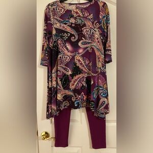 Transitional Tunic, shades of plum, cream, blue, black. Leggings also available.
